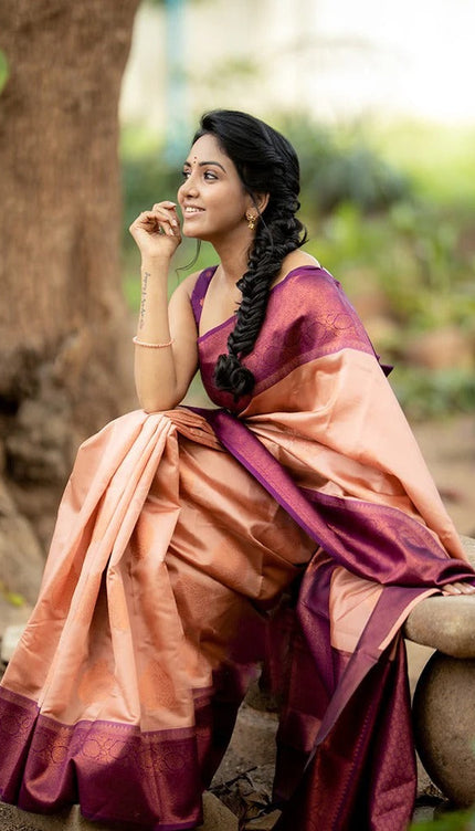 Kavya - Peach Soft Banarasi Silk Saree with Copper Jacquard Buttas