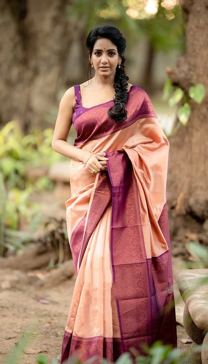 Kavya - Peach Soft Banarasi Silk Saree with Copper Jacquard Buttas