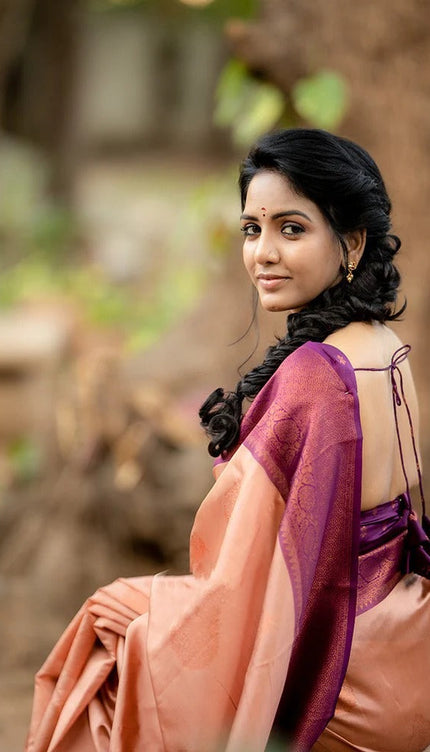 Kavya - Peach Soft Banarasi Silk Saree with Copper Jacquard Buttas