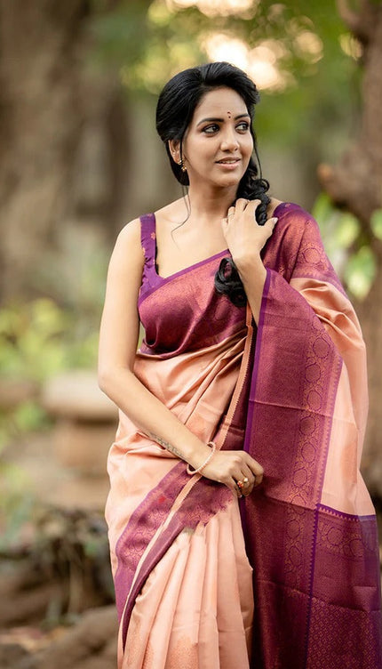 Kavya - Peach Soft Banarasi Silk Saree with Copper Jacquard Buttas