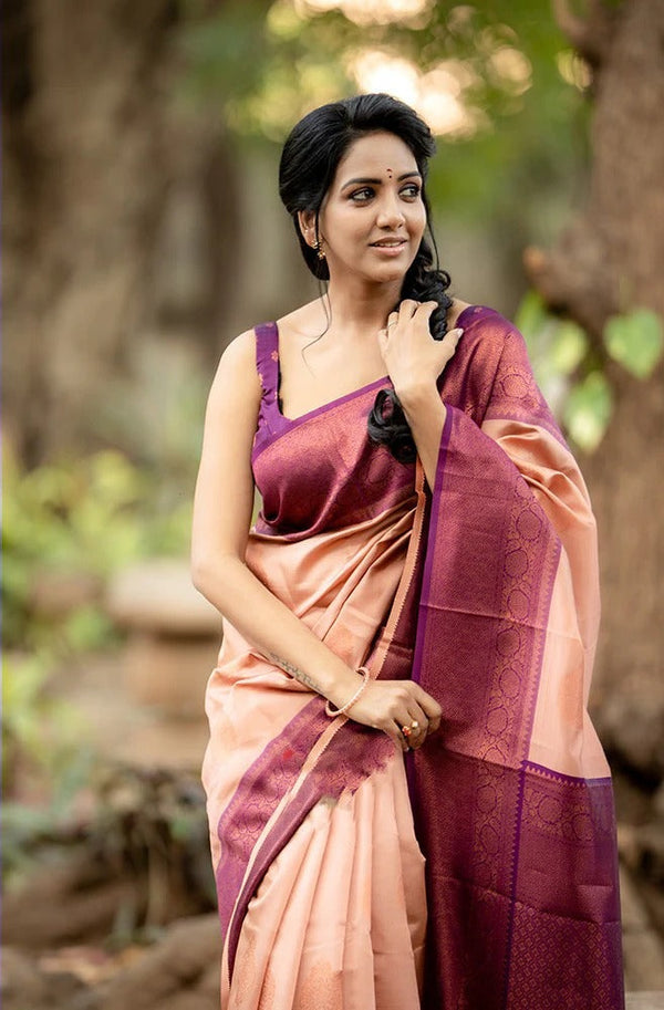 Kavya - Peach Soft Banarasi Silk Saree with Copper Jacquard Buttas