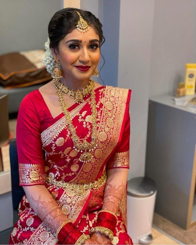 Vimala – Red Soft Silk Saree with Red Jacquard Blouse