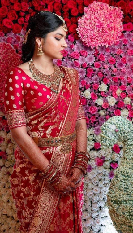 Vimala – Red Soft Silk Saree with Red Jacquard Blouse