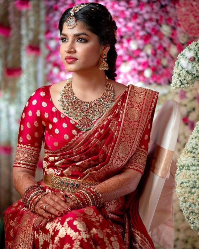 Vimala – Red Soft Silk Saree with Red Jacquard Blouse