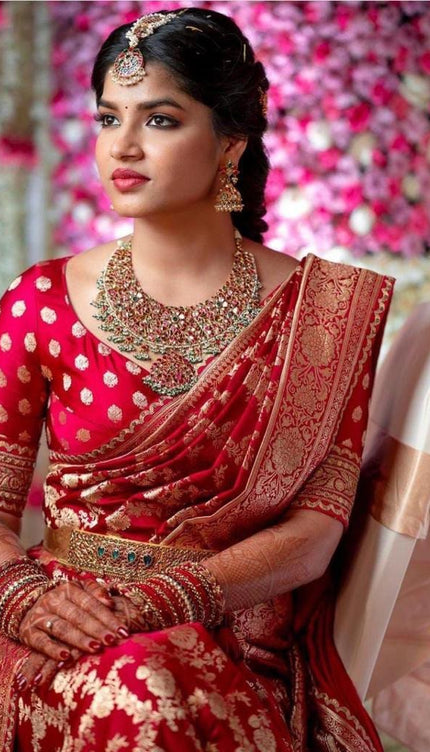 Vimala – Red Soft Silk Saree with Red Jacquard Blouse