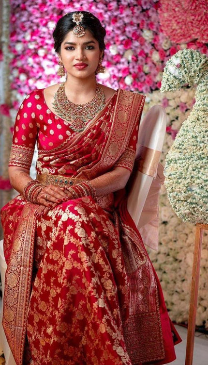 Vimala – Red Soft Silk Saree with Red Jacquard Blouse