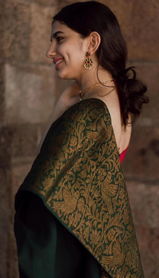 Charvika - Green Soft Silk Saree with Antique Gold Border and Red Blouse