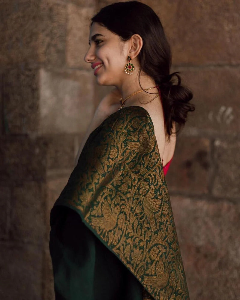 Charvika - Green Soft Silk Saree with Antique Gold Border and Red Blouse